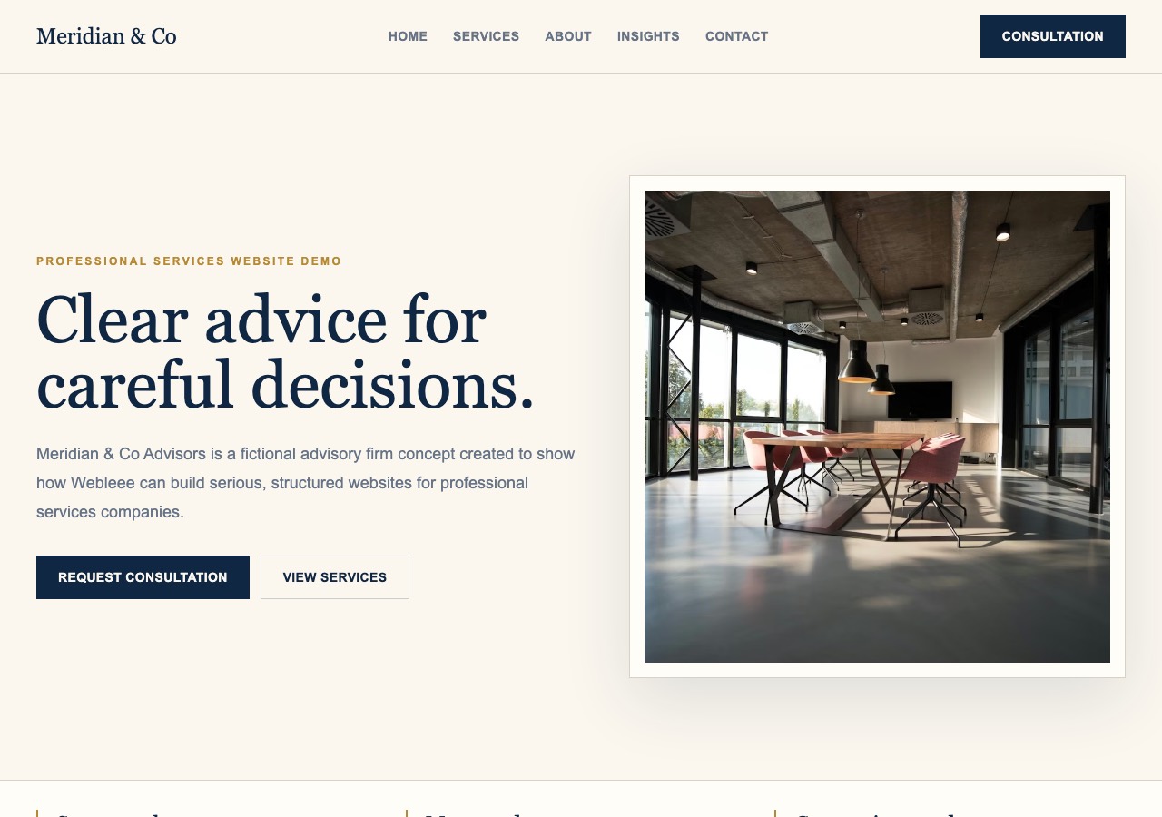 Meridian & Co Advisors demo website screenshot