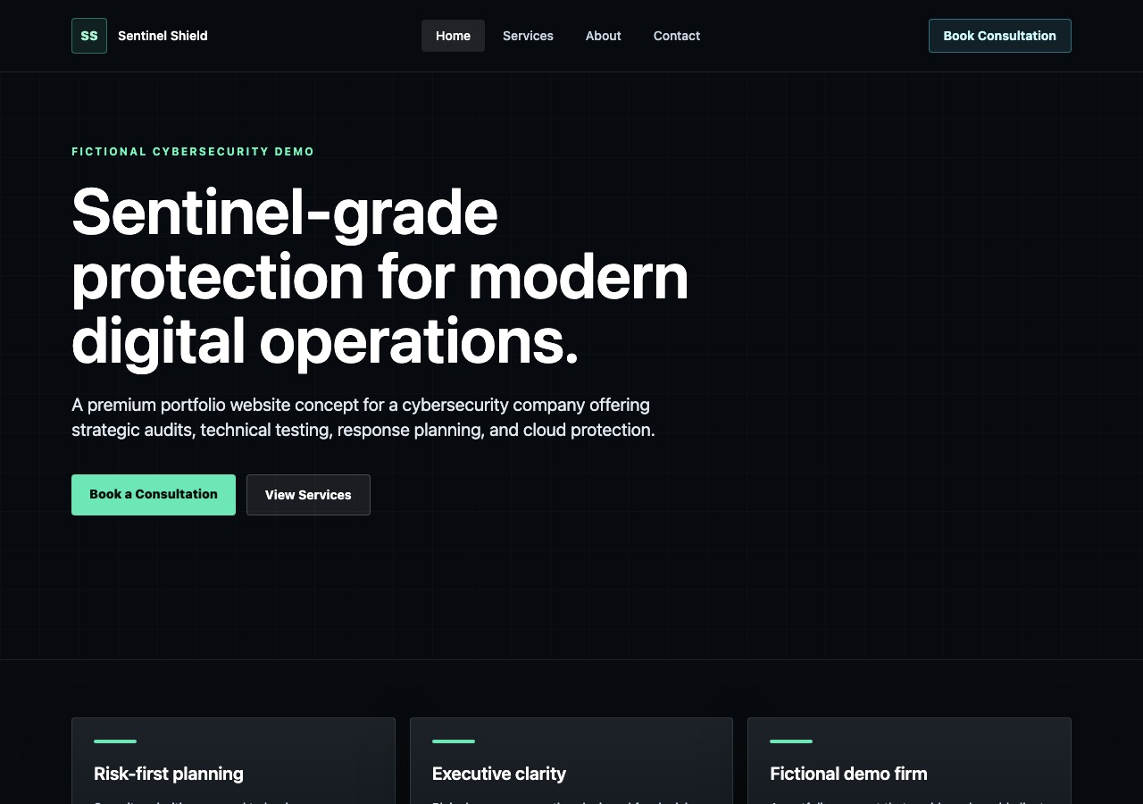 Sentinel Shield Cybersecurity demo website screenshot